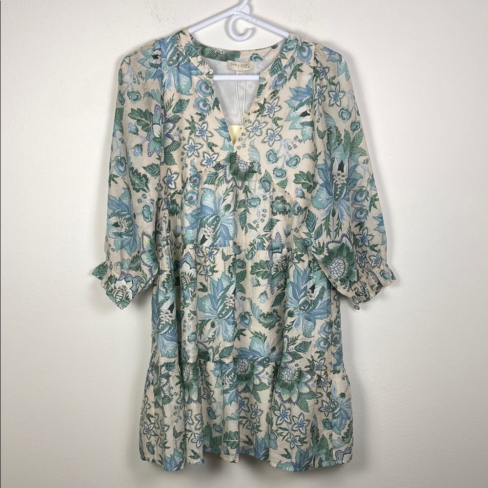 NWT See‎ U Soon XS Balloon Sleeve Split Neck Babydoll Mini Dress Floral Coastal
